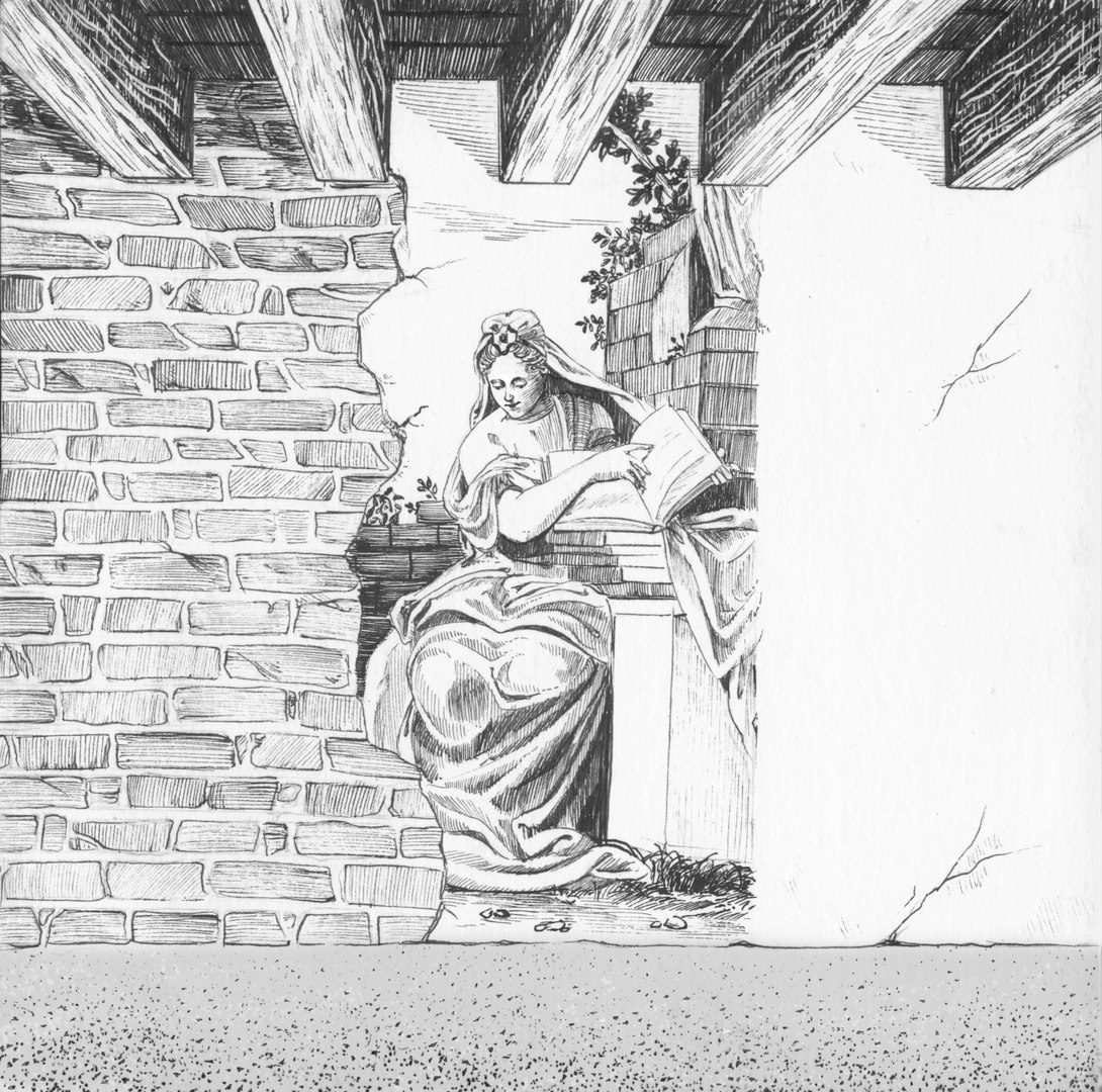 Woman reading in a brick-walled room.