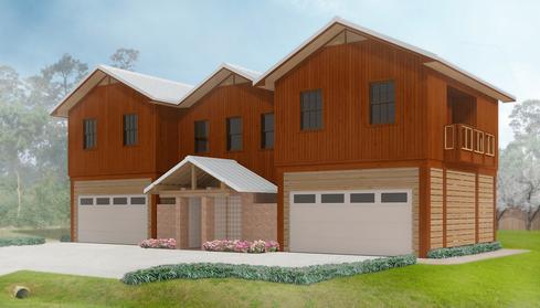 Modern two-story wooden house with garages.