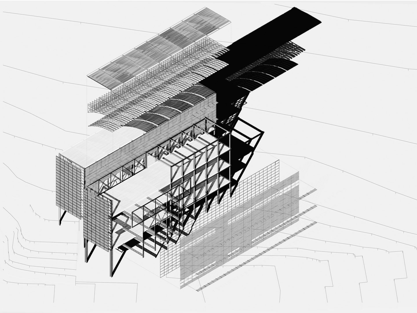 Exploded architectural diagram of a structure.